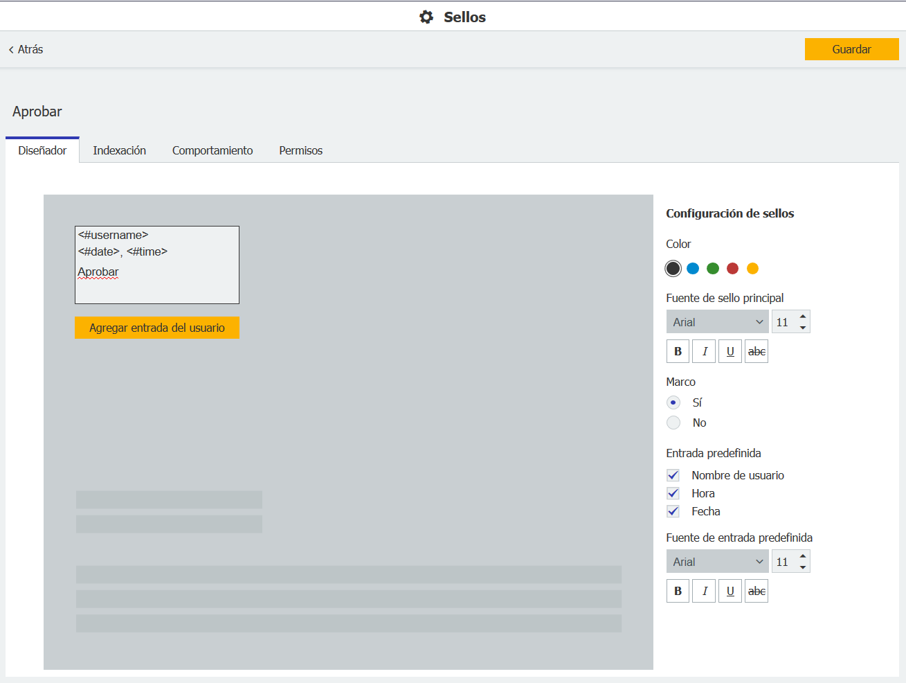 DocuWare: Una vista previa muestra las entradas de sellos durante la configuración.